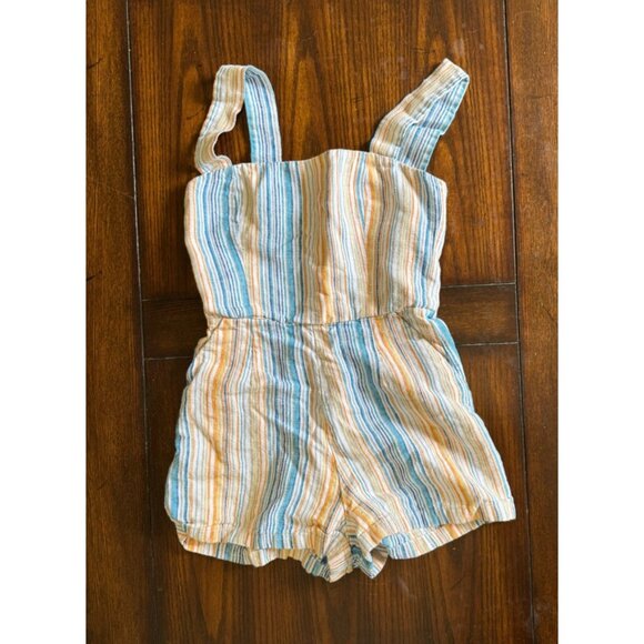 Reformation Island Linen Romper in Marbella Striped White Blue Orange Smocking 2 - Picture 10 of 10